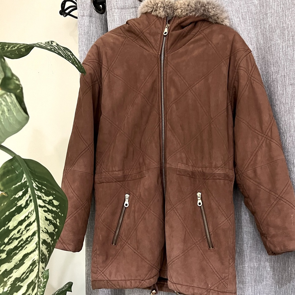 Marc Womens Leather Fur Trim Hood Heavy Winter  Coat Size Med
